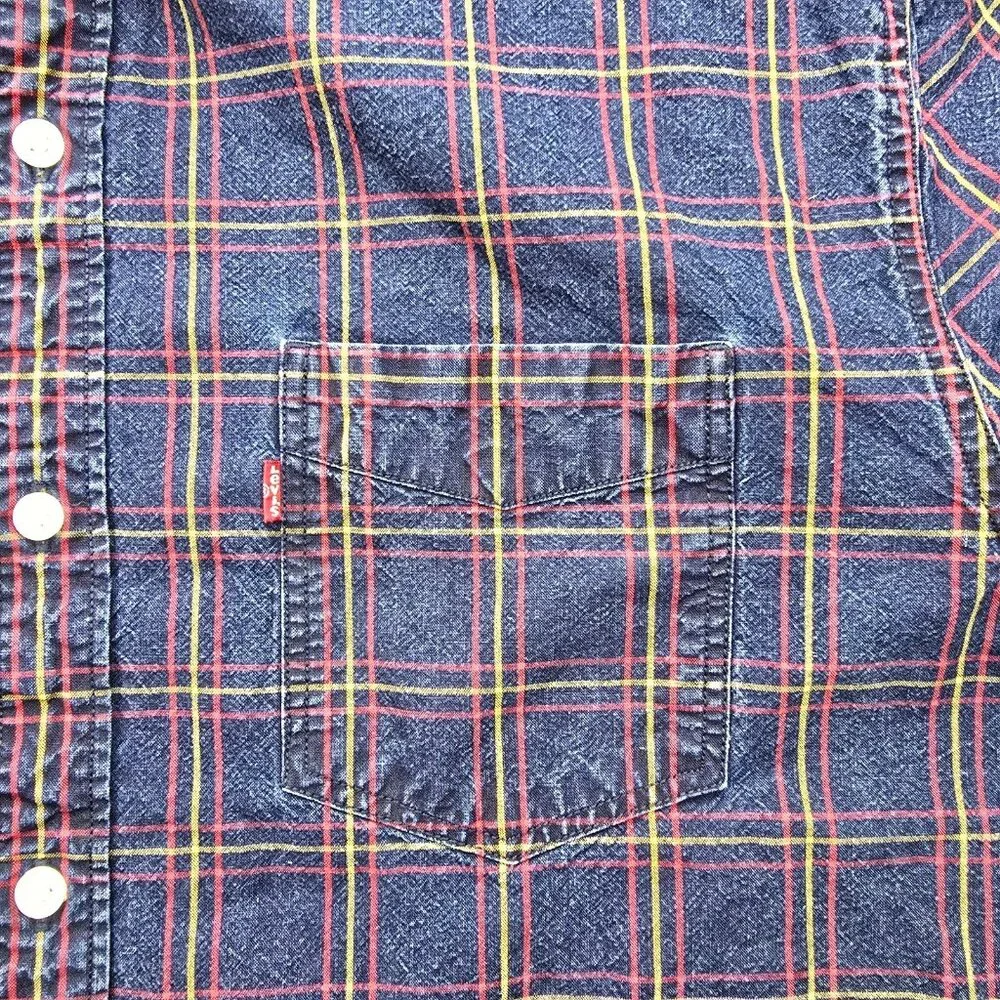 Levis Shirt Mens XL Blue Plaid Long Sleeve Button Up Slim‎ Fit Preppy Western